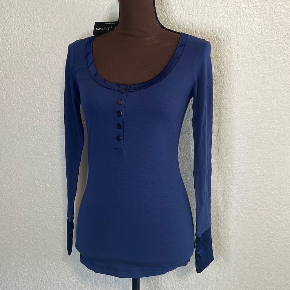 NWT Cesare Paciotti Italy Maglia Blue Long Sleeve Henley V Neck Top